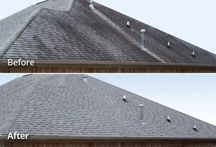 Dallas roof cleaning before and after removing algae streaks from a shingle roof