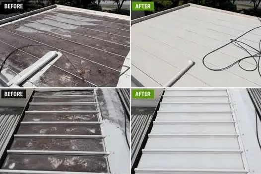 Roof mold removal before and after on a flat roof and skylight