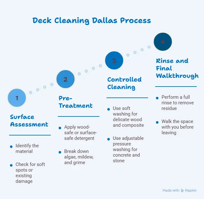 Dallas deck cleaning process shown in four simple steps