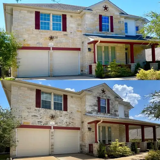 Dallas House Washing 2 Soft washing Dallas TX on an Austin stone home, before and after