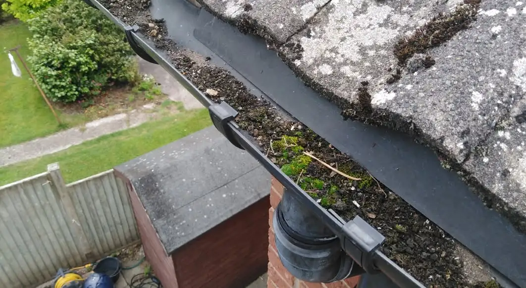 Gutter Cleaning in Dallas, TX 4 Moss and debris buildup inside a roof gutter channel