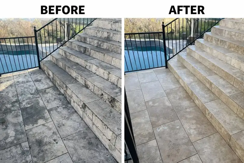 Natural stone patio cleaning results on travertine steps