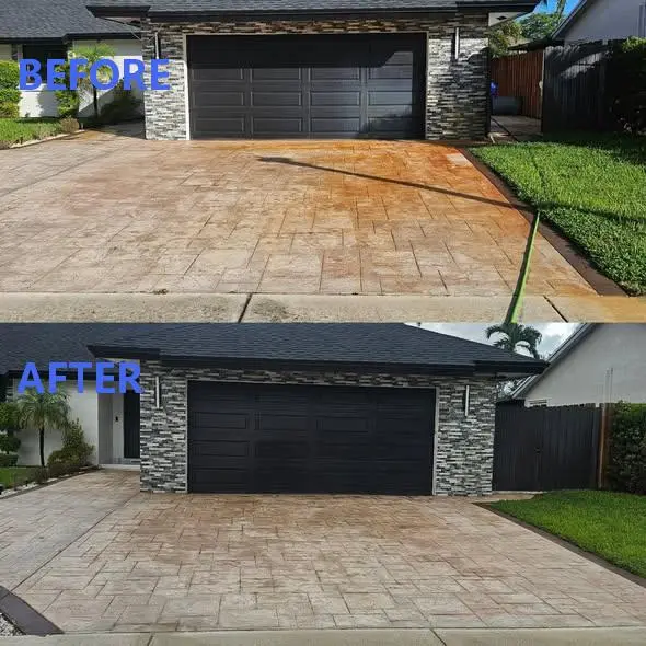 Dallas concrete cleaning before and after removing rust stains from a stamped driveway