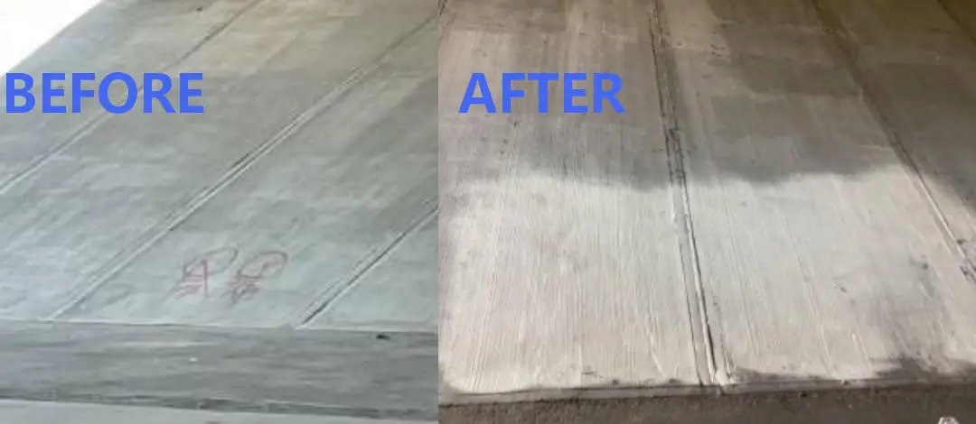 Before and after concrete cleanup under a Dallas highway overpass