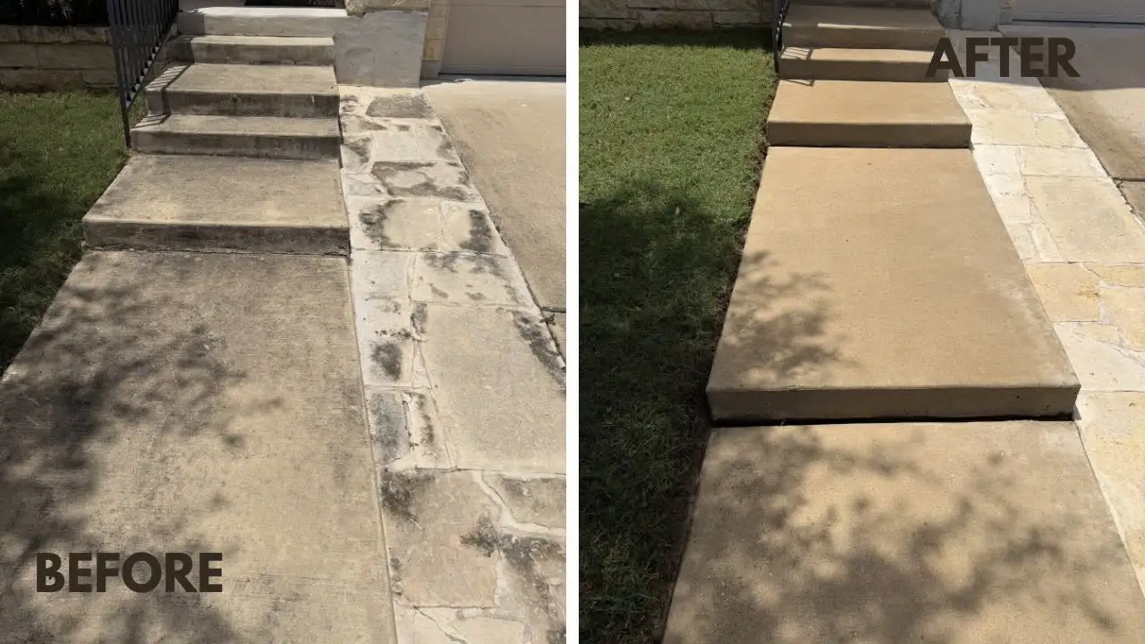 Concrete cleaning Dallas results on limestone steps and walkway