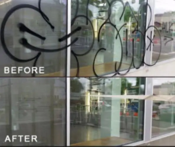 Before and after graffiti removal Dallas storefront glass