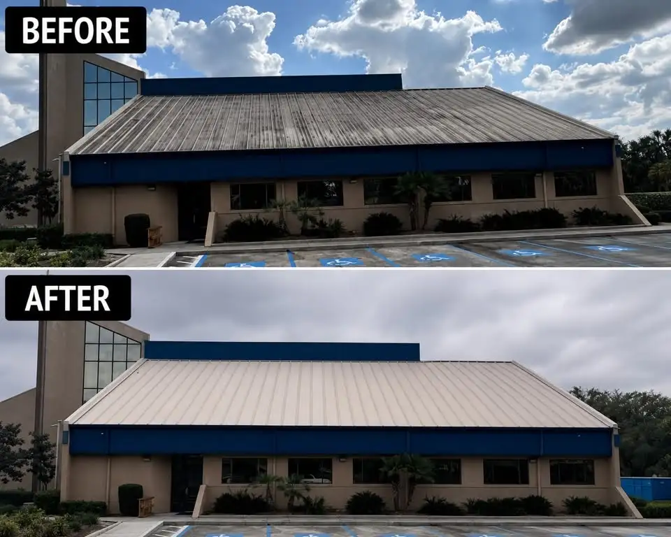 Before and after roof cleaning for a commercial building in Plano