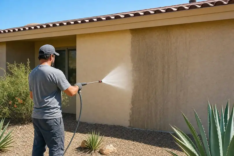 Worker soft washing a stucco home exterior, with the cleaned section lighter than the stained one