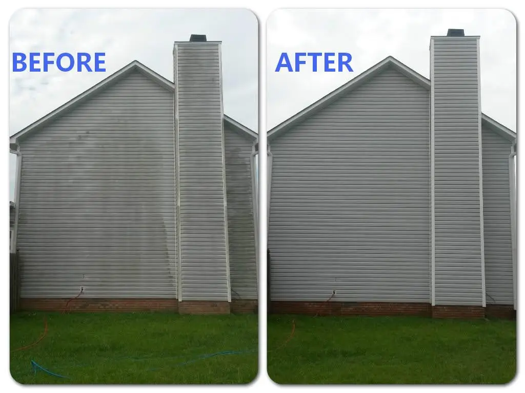 Arlington pressure washing before and after on gray vinyl siding above a brick base